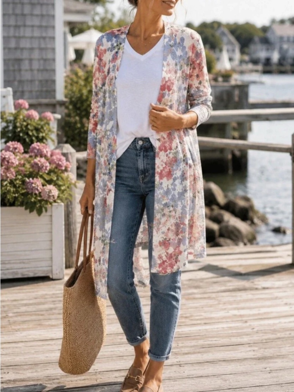 J. Jill Women's Longline Open-front Cardigan Floral Linen Blend Size Large